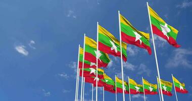 Myanmar, Burma lags Waving in the Sky, Seamless Loop in Wind, Space on Left Side for Design or Information, 3D Rendering video