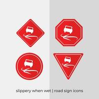 different slippery when wet road sign vector collection in red icons