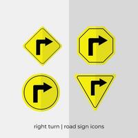 different right turn road sign vector collection in yellow icons