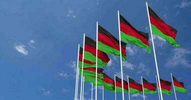 Malawi Flaggen winken im das Himmel, nahtlos Schleife im Wind, Raum auf links Seite zum Design oder Information, 3d Rendern video