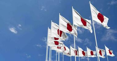 Japan Flags Waving in the Sky, Seamless Loop in Wind, Space on Left Side for Design or Information, 3D Rendering video