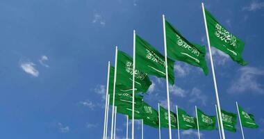 KSA, Kingdom of Saudi Arabia Flags Waving in the Sky, Seamless Loop in Wind, Space on Left Side for Design or Information, 3D Rendering video