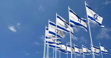 Israel Flags Waving in the Sky, Seamless Loop in Wind, Space on Left Side for Design or Information, 3D Rendering video