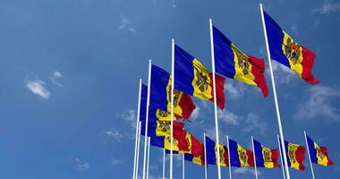 Moldova Flags Waving in the Sky, Seamless Loop in Wind, Space on Left Side for Design or Information, 3D Rendering video