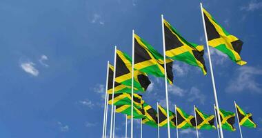 Jamaica Flags Waving in the Sky, Seamless Loop in Wind, Space on Left Side for Design or Information, 3D Rendering video