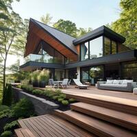 AI generated modern home with a striking angular design features a beautiful wooden deck and lush landscaping photo