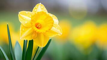 ai generado un brillante amarillo narciso con un borroso verde antecedentes foto