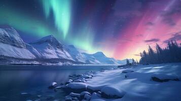 AI generated A picturesque snow-covered mountain range with a magical aurora borealis in the sky. photo