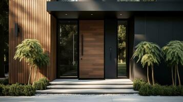 AI generated modern home surrounded by towering trees boasts an impressive entrance with a grand wooden door. photo