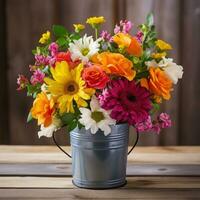 AI generated A beautiful bouquet of bright and colorful flowers arranged in a rustic bucket photo