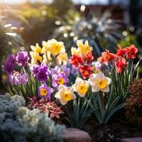 AI generated A bright and colorful shot of a garden bed filled with a variety of spring flowers photo