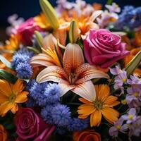 AI generated An eye-catching image of a colorful bouquet of freshly-picked spring flowers. photo