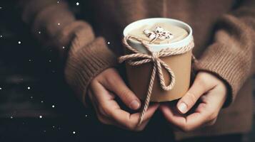 AI generated person holding a mug of hot cocoa in one hand and a gift wrapped with brown paper photo