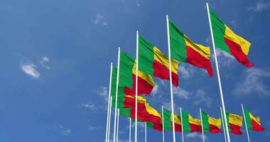 Benin Flags Waving in the Sky, Seamless Loop in Wind, Space on Left Side for Design or Information, 3D Rendering video