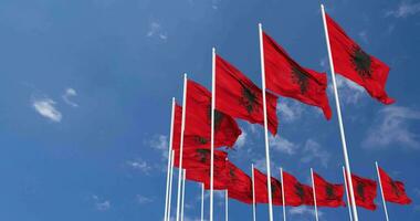 Albania bandiere agitando nel il cielo, senza soluzione di continuità ciclo continuo nel vento, spazio su sinistra lato per design o informazione, 3d interpretazione video