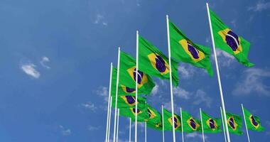 Brazil Flags Waving in the Sky, Seamless Loop in Wind, Space on Left Side for Design or Information, 3D Rendering video