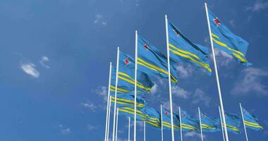 Aruba Flags Waving in the Sky, Seamless Loop in Wind, Space on Left Side for Design or Information, 3D Rendering video