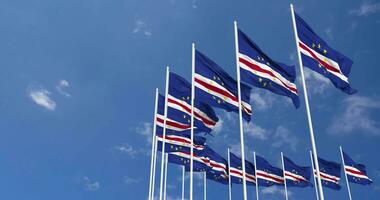 Cape Verde, Cabo Verde Flags Waving in the Sky, Seamless Loop in Wind, Space on Left Side for Design or Information, 3D Rendering video