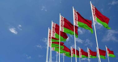bielorussia bandiere agitando nel il cielo, senza soluzione di continuità ciclo continuo nel vento, spazio su sinistra lato per design o informazione, 3d interpretazione video