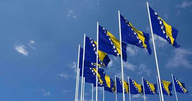 Bosnia and Herzegovina Flags Waving in the Sky, Seamless Loop in Wind, Space on Left Side for Design or Information, 3D Rendering video