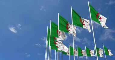 Algérie drapeaux agitant dans le ciel, sans couture boucle dans vent, espace sur la gauche côté pour conception ou information, 3d le rendu video