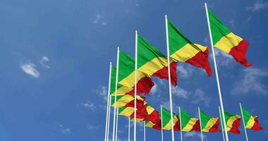 Congo Flags Waving in the Sky, Seamless Loop in Wind, Space on Left Side for Design or Information, 3D Rendering video