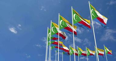 Comoros Flags Waving in the Sky, Seamless Loop in Wind, Space on Left Side for Design or Information, 3D Rendering video
