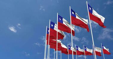 Chile Flags Waving in the Sky, Seamless Loop in Wind, Space on Left Side for Design or Information, 3D Rendering video