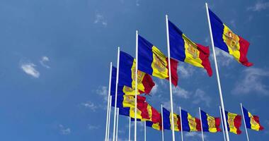 Andorra Flags Waving in the Sky, Seamless Loop in Wind, Space on Left Side for Design or Information, 3D Rendering video