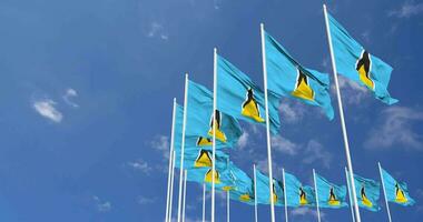 Saint Lucia Flags Waving in the Sky, Seamless Loop in Wind, Space on Left Side for Design or Information, 3D Rendering video