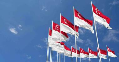 Singapore Flags Waving in the Sky, Seamless Loop in Wind, Space on Left Side for Design or Information, 3D Rendering video