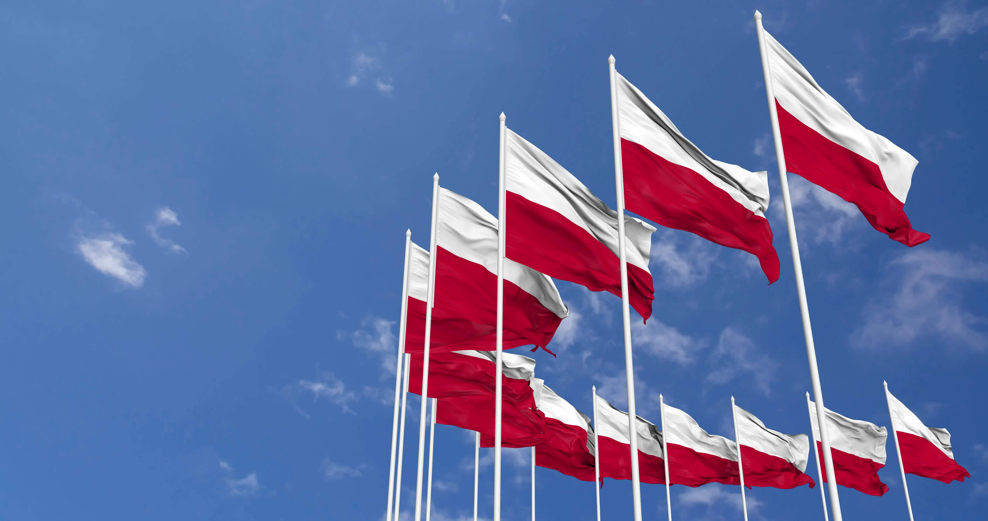 Poland Flags Waving in the Sky, Seamless Loop in Wind, Space on Left Side for Design or