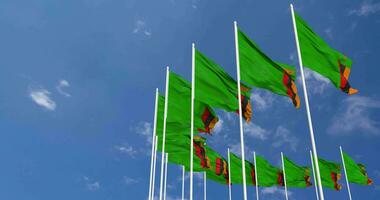 Zambia Flags Waving in the Sky, Seamless Loop in Wind, Space on Left Side for Design or Information, 3D Rendering video