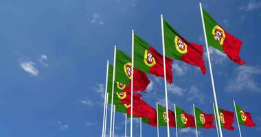 Portugal Flags Waving in the Sky, Seamless Loop in Wind, Space on Left Side for Design or Information, 3D Rendering video