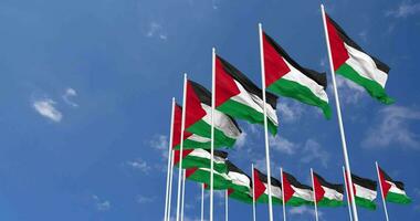 Palestine Flags Waving in the Sky, Seamless Loop in Wind, Space on Left Side for Design or Information, 3D Rendering video