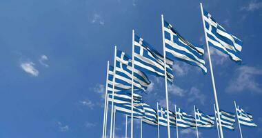 Greece Flags Waving in the Sky, Seamless Loop in Wind, Space on Left Side for Design or Information, 3D Rendering video