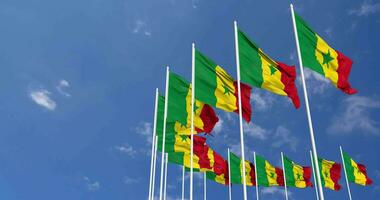 Senegal bandiere agitando nel il cielo, senza soluzione di continuità ciclo continuo nel vento, spazio su sinistra lato per design o informazione, 3d interpretazione video