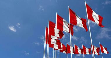Peru Flags Waving in the Sky, Seamless Loop in Wind, Space on Left Side for Design or Information, 3D Rendering video