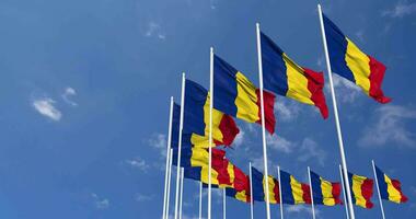 Romania Flags Waving in the Sky, Seamless Loop in Wind, Space on Left Side for Design or Information, 3D Rendering video