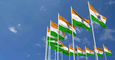 India Flags Waving in the Sky, Seamless Loop in Wind, Space on Left Side for Design or Information, 3D Rendering video