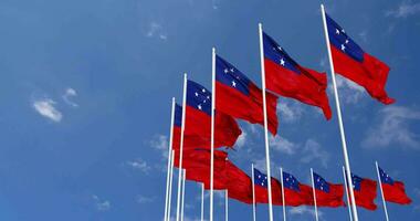 Samoa Flags Waving in the Sky, Seamless Loop in Wind, Space on Left Side for Design or Information, 3D Rendering video