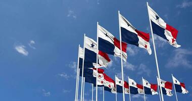 Panama Flags Waving in the Sky, Seamless Loop in Wind, Space on Left Side for Design or Information, 3D Rendering video