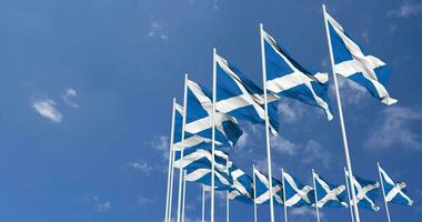 Scotland Flags Waving in the Sky, Seamless Loop in Wind, Space on Left Side for Design or Information, 3D Rendering video