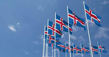 Iceland Flags Waving in the Sky, Seamless Loop in Wind, Space on Left Side for Design or Information, 3D Rendering video