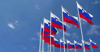 Slovenia Flags Waving in the Sky, Seamless Loop in Wind, Space on Left Side for Design or Information, 3D Rendering video