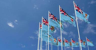 Fiji Flags Waving in the Sky, Seamless Loop in Wind, Space on Left Side for Design or Information, 3D Rendering video