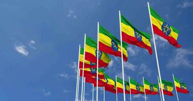 Ethiopia Flags Waving in the Sky, Seamless Loop in Wind, Space on Left Side for Design or Information, 3D Rendering video