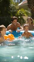 ai generado contento familia disfrutando un día en piscina, con niños jugando en inflables y padres descansando cerca foto