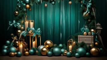 AI generated hristmas decorations with bows and balls on a green background photo
