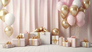 AI generated large pink and gold balloons next to some gifts and presents free ad, photo